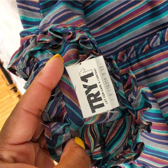 Vtg Ruffle Detail TRY 1 Striped Multicolored Secretary Style Shirt. Sz S Fit - Picture 5 of 12